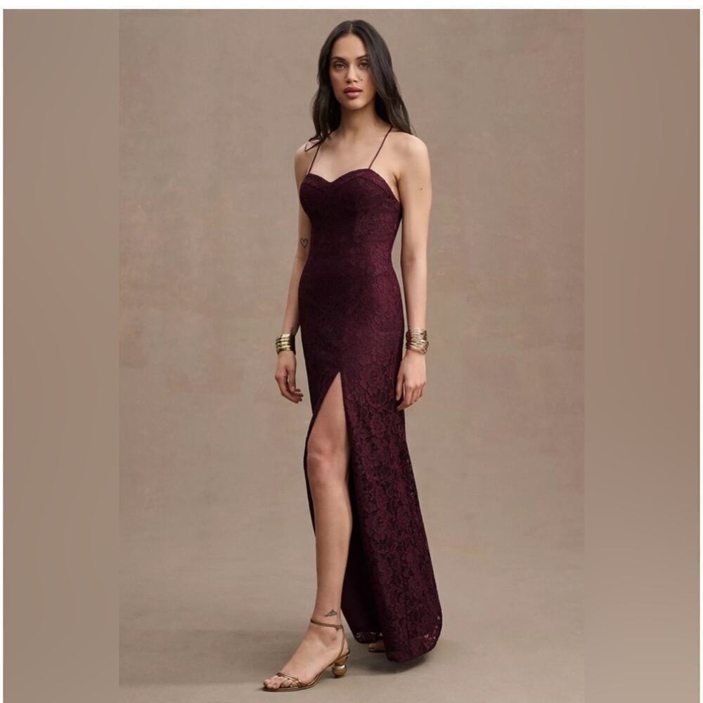 Anthropologie BHLDN Emma Sweetheart Sleeveless Lace Long Gown Front Slit Wine 12